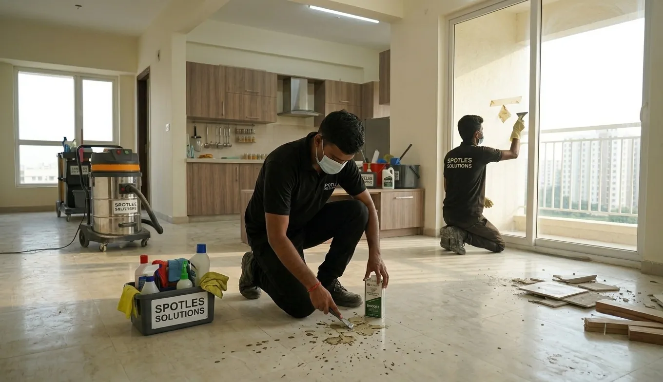 Paint and adhesive residue removal during post-renovation cleaning